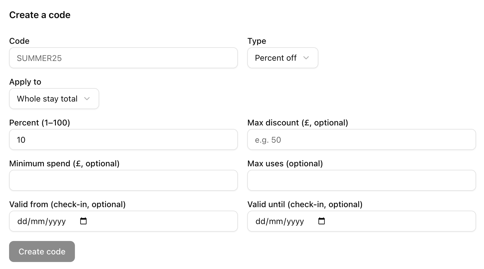 Discount codes setup for campsite bookings