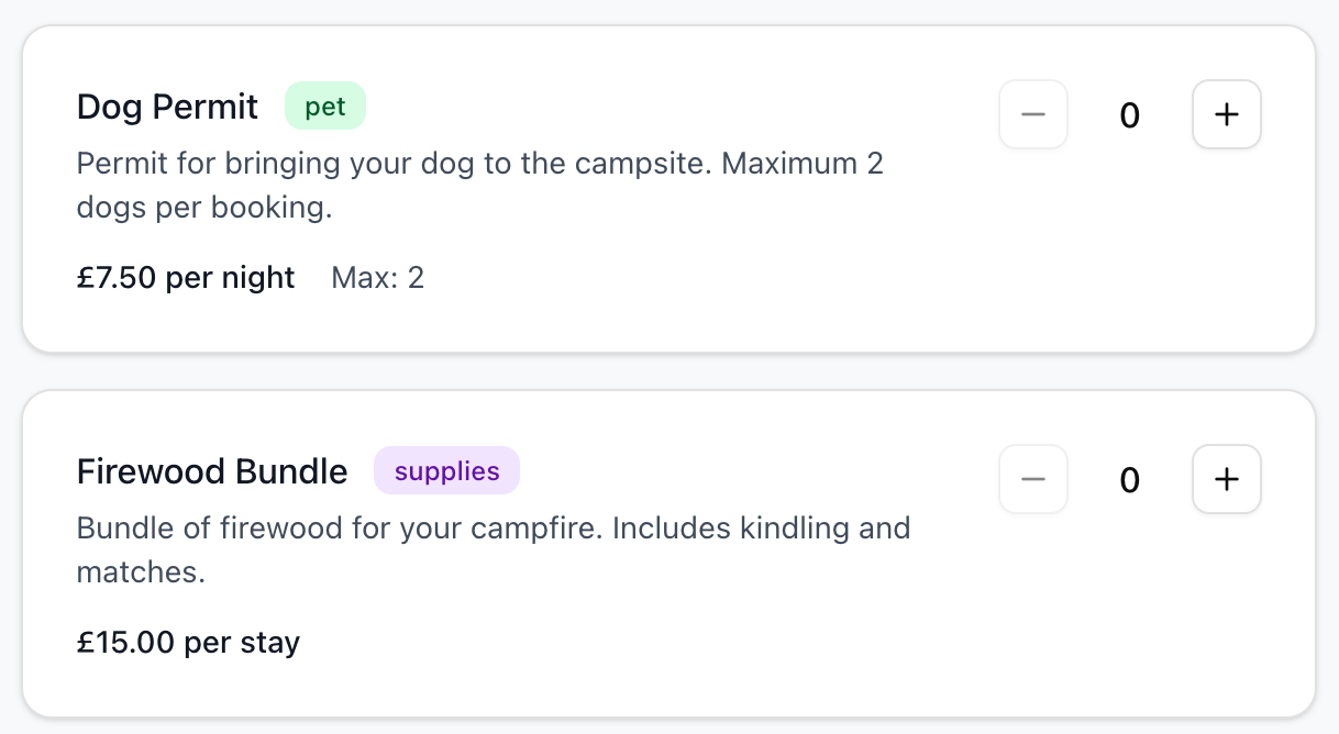 Campsite extras and add-ons available during booking