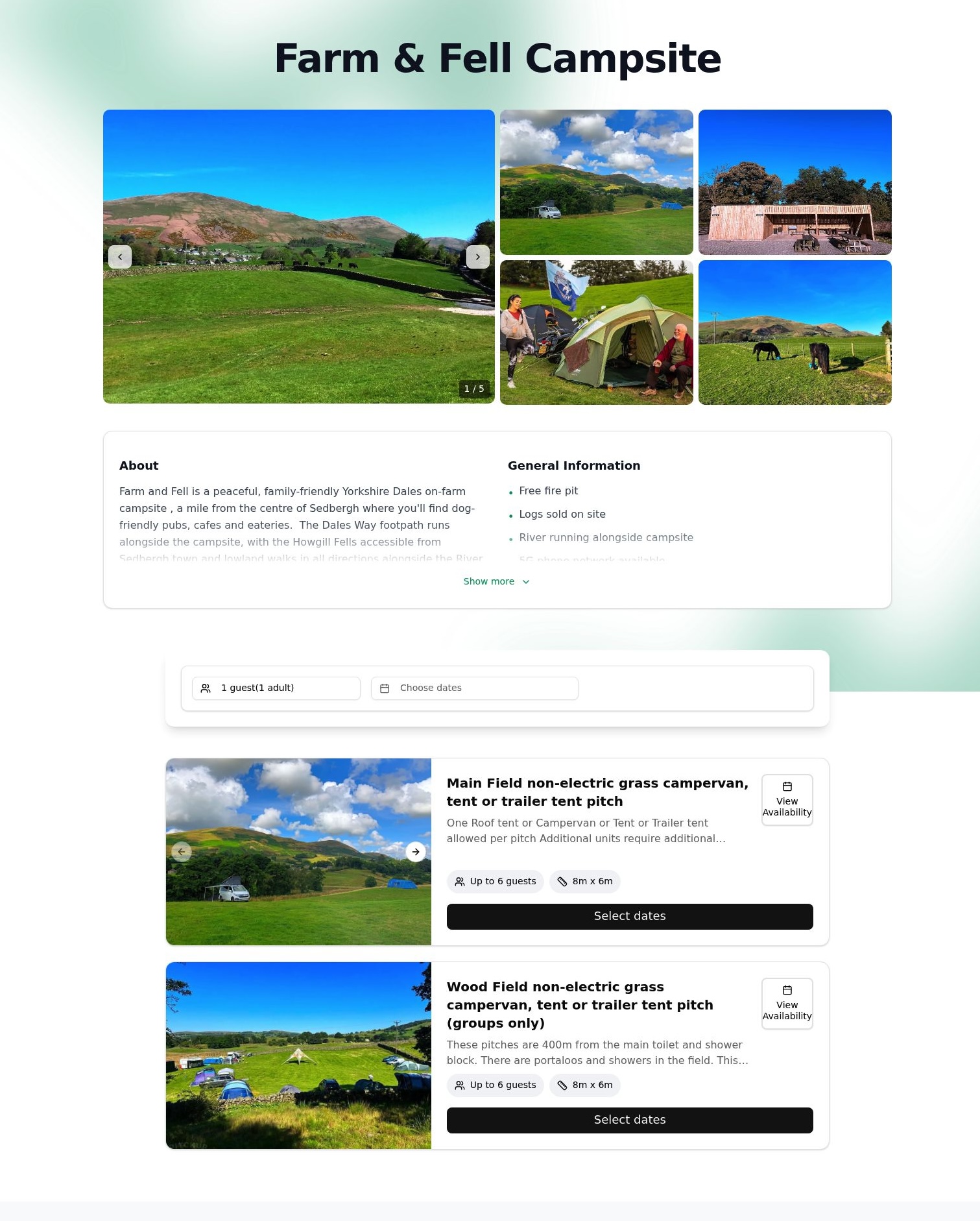 Farm and Fell campsite booking page