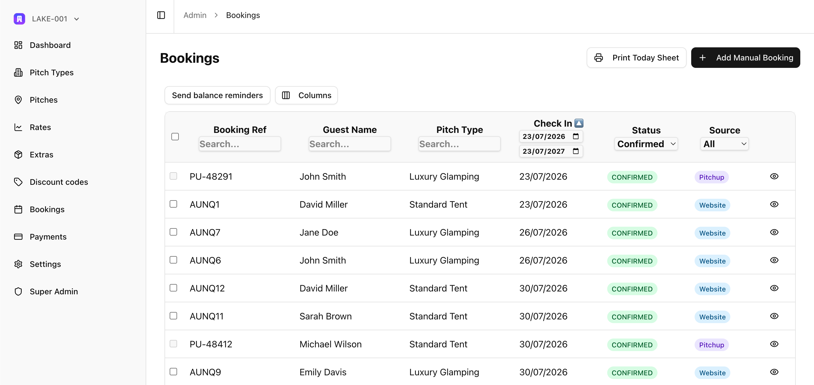 Owner calendar showing direct and Pitchup bookings in one place