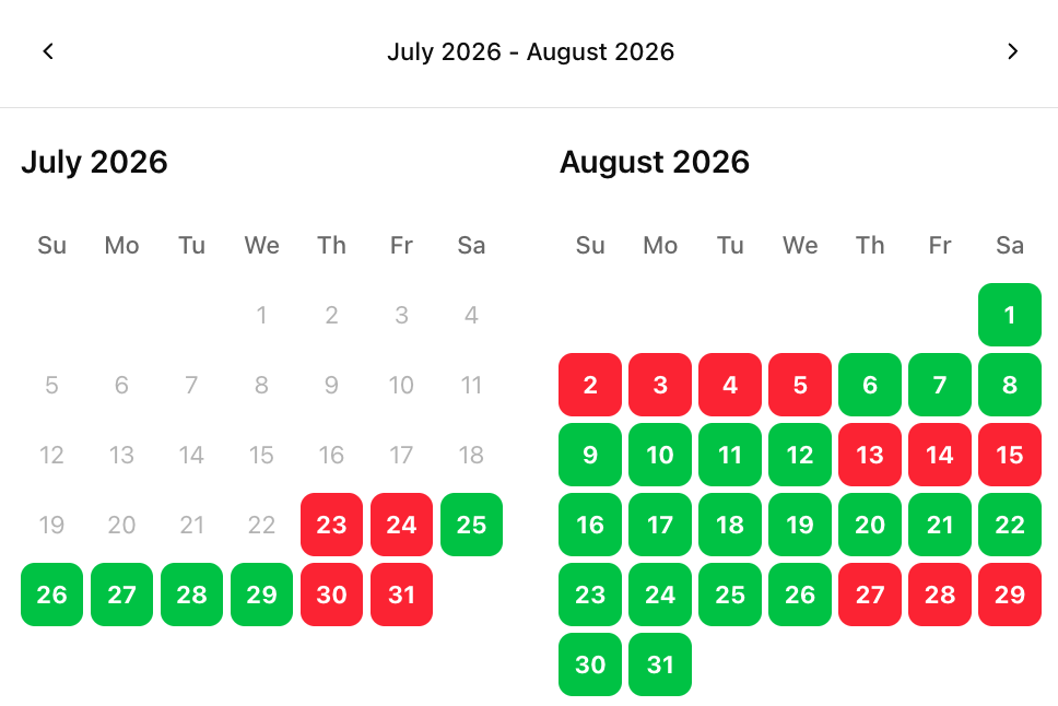 Guest booking calendar showing live campsite availability
